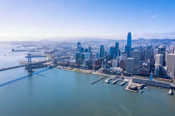 Aerial photo taken of the San Francisco Waterfront.