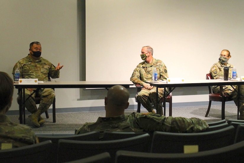 Sgt. Maj. Brian Hess, the senior non-commissioned officer in G-3/5/7 at the 377th Theater Sustainment Command who served as a panelist in the forum, speaks about the dangers of unconscious bias at the headquarters building in Belle Chasse, La., Oct. 14, 2020.