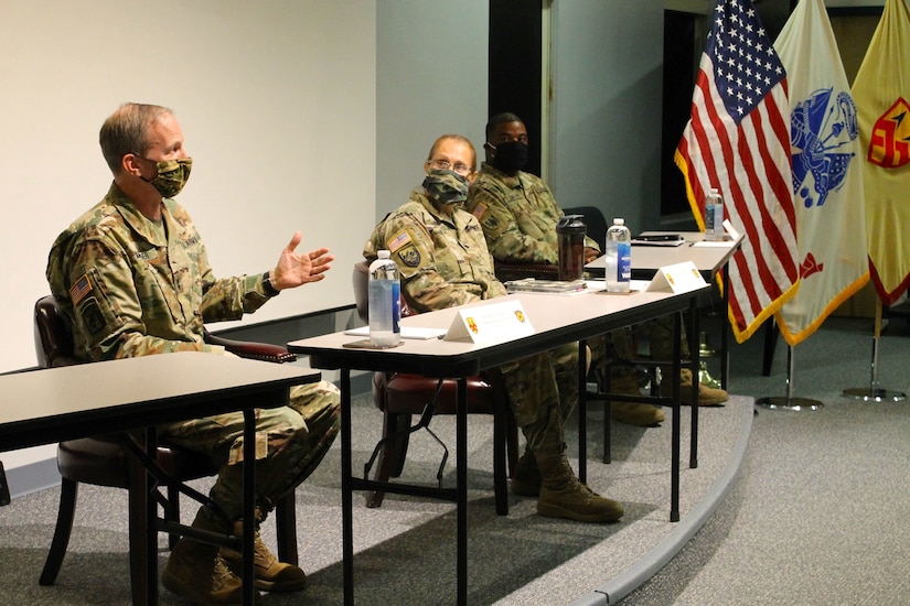 Maj. Gen. Gregory Mosser, commanding general of the 377th Theater Sustainment Command, introduces the concept of Project Inclusion to the audience at the headquarters building in Belle Chasse, La., Oct. 14, 2020.