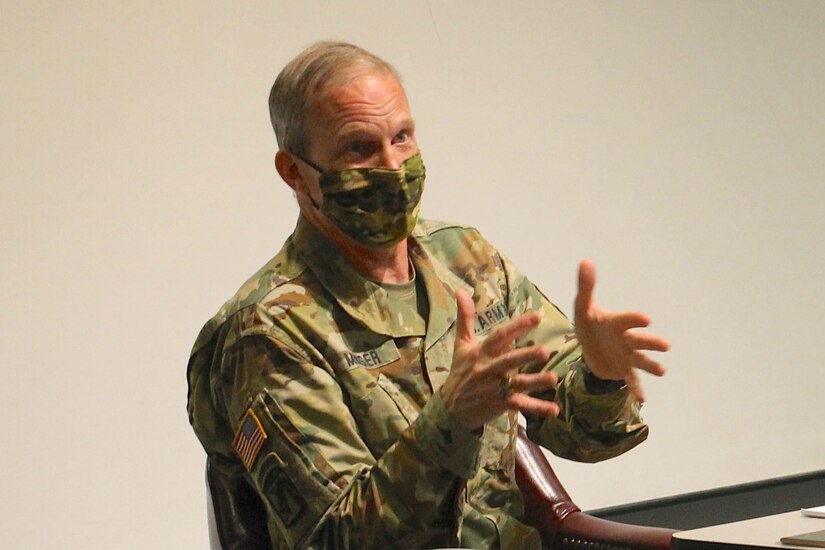 Maj. Gen. Gregory Mosser, commanding general of the 377th Theater Sustainment Command, discusses the tenets of Project Inclusion with panelists and audience members during a forum at the headquarters building in Belle Chasse, La., Oct. 14, 2020.