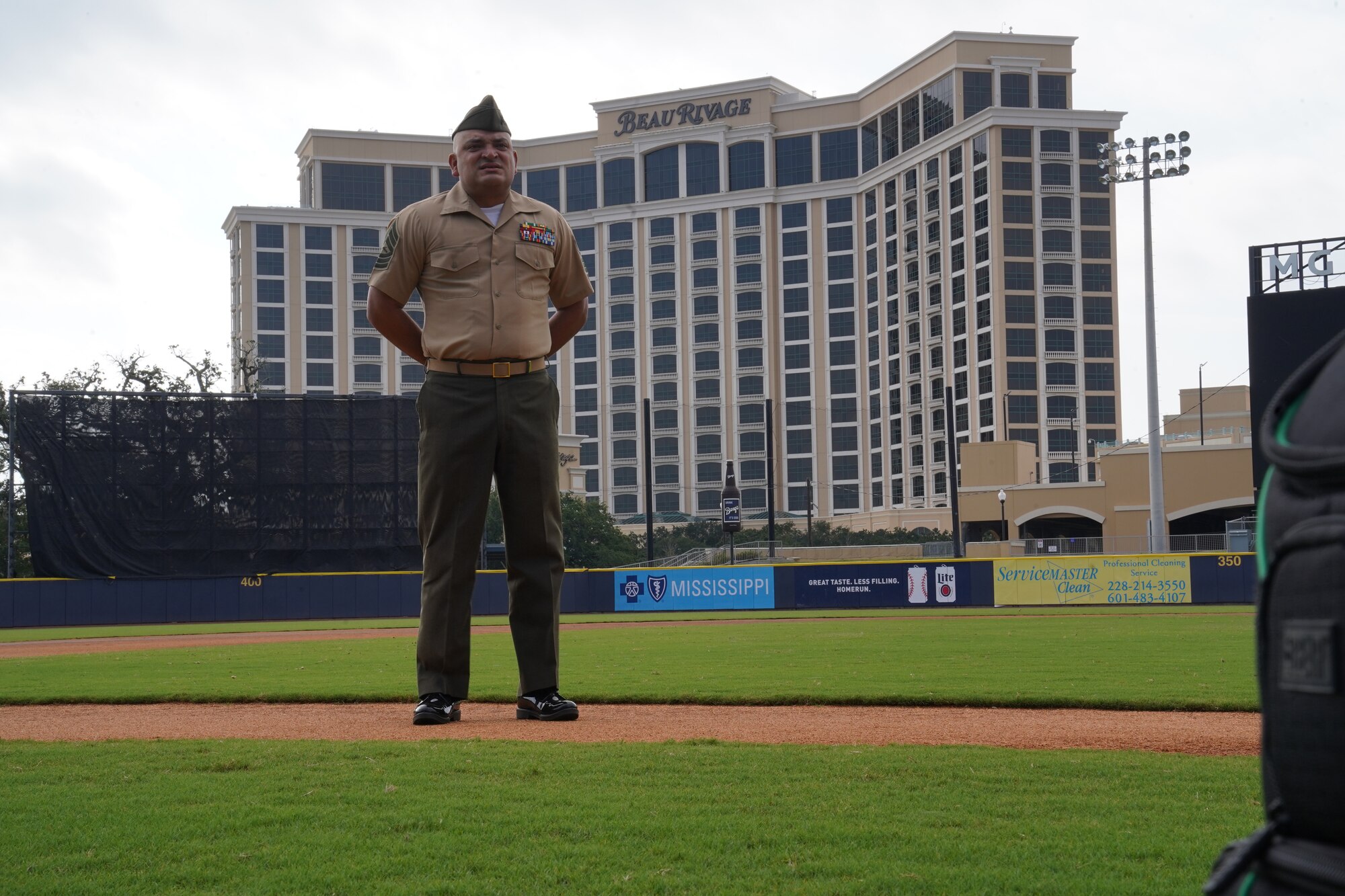 U.S. Marine Corps Master Sgt. Herman Kruppa, Keesler Marine Detachment Meteorological Oceanographic Analyst Forecaster Course curriculum developer, gives his remarks after receiving the Jerry Coleman Award at the MGM Park in Biloxi, Mississippi, Oct. 16, 2020. Kruppa was awarded for his outstanding service, citizenship, and volunteerism. (U.S. Air Force photo by Airman 1st Class Seth Haddix)