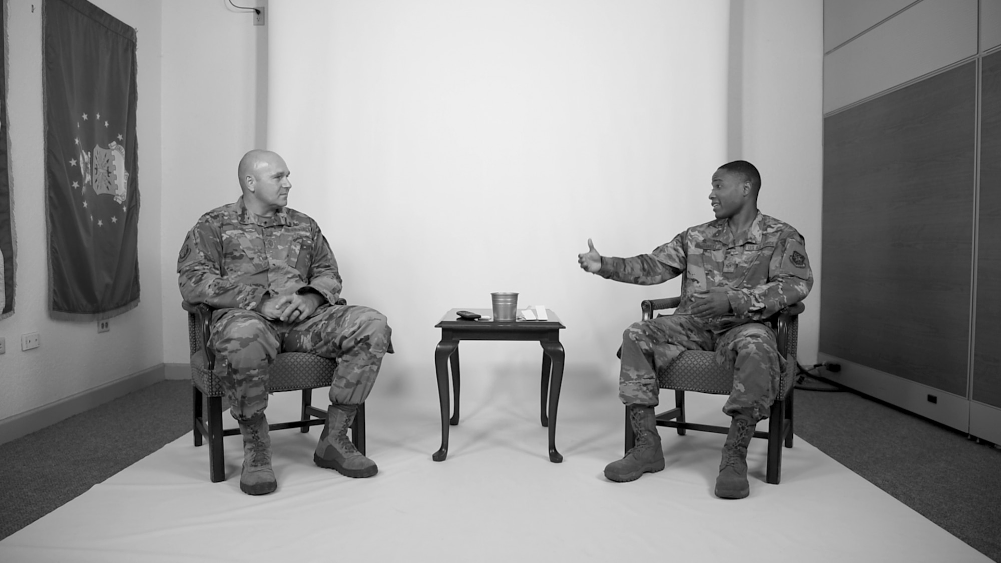 Chief Master Sgt. Anthony Green, the 6th Air Refueling Wing command chief, listens to the experiences of Staff Sgt. Christopher Gamble, a 6th Communication Squadron unit training manager, during a “Lead Conversations” episode at MacDill Air Force Base, Fla., Sept. 24, 2020.