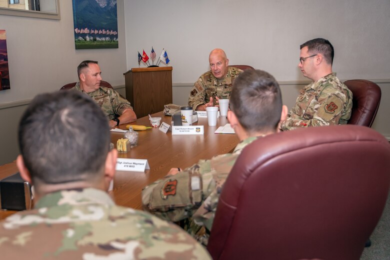 Maj. Gen. Brian Borgen, 10th Air Force commander, conducts a Q&A with Airmen across the 419th Fighter Wing Oct. 17, 2020, at Hill Air Force Base, Utah.