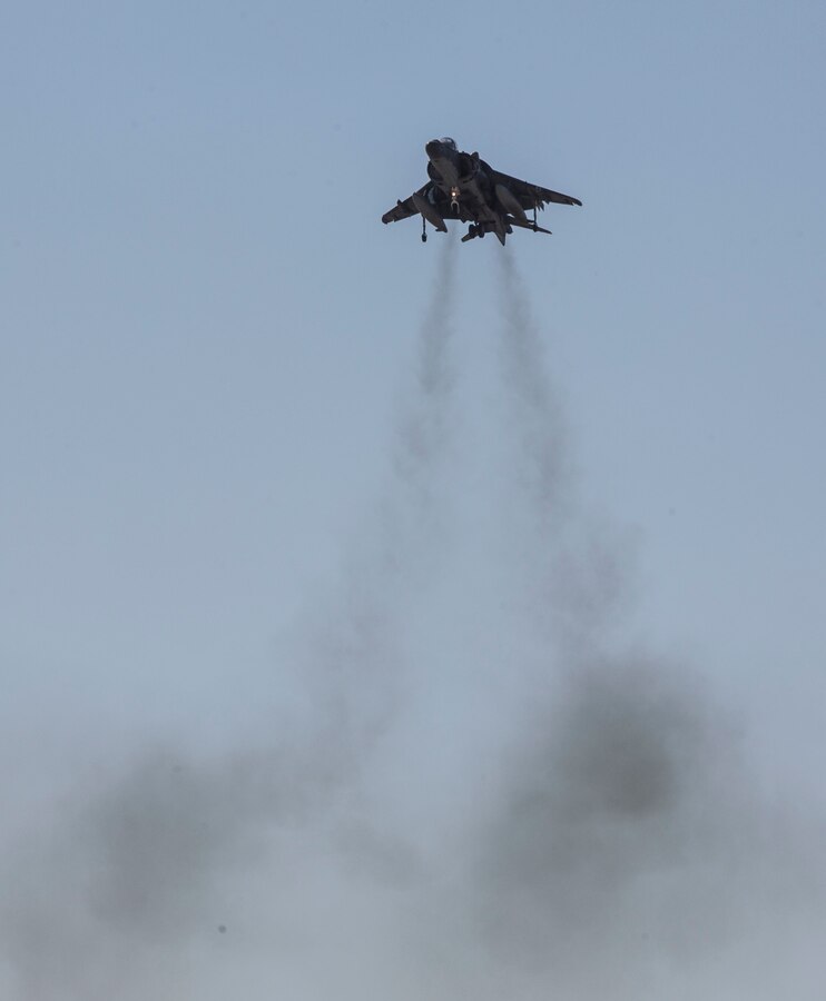 U.S. Marine Corps Lt. Col. Keith Bucklew, commanding officer of Marine Attack Squadron (VMA) 311, hovers in an AV-8B Harrier II assigned to VMA-311, Marine Aircraft Group 13, 3rd Marine Aircraft Wing, during his last flight at Marine Corps Air Station Yuma, Ariz., Oct. 14, 2020.