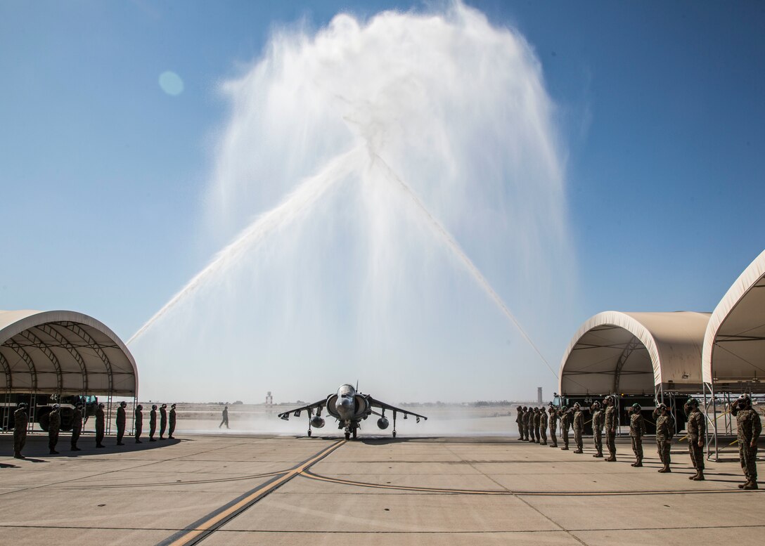 U.S. Marine Corps Lt. Col. Keith Bucklew, commanding officer of Marine Attack Squadron 311, taxis down the flightline in an AV-8B Harrier II assigned to VMA-311, Marine Aircraft Group 13, 3rd Marine Aircraft Wing, during his last flight at Marine Corps Air Station Yuma, Ariz., Oct. 14, 2020.