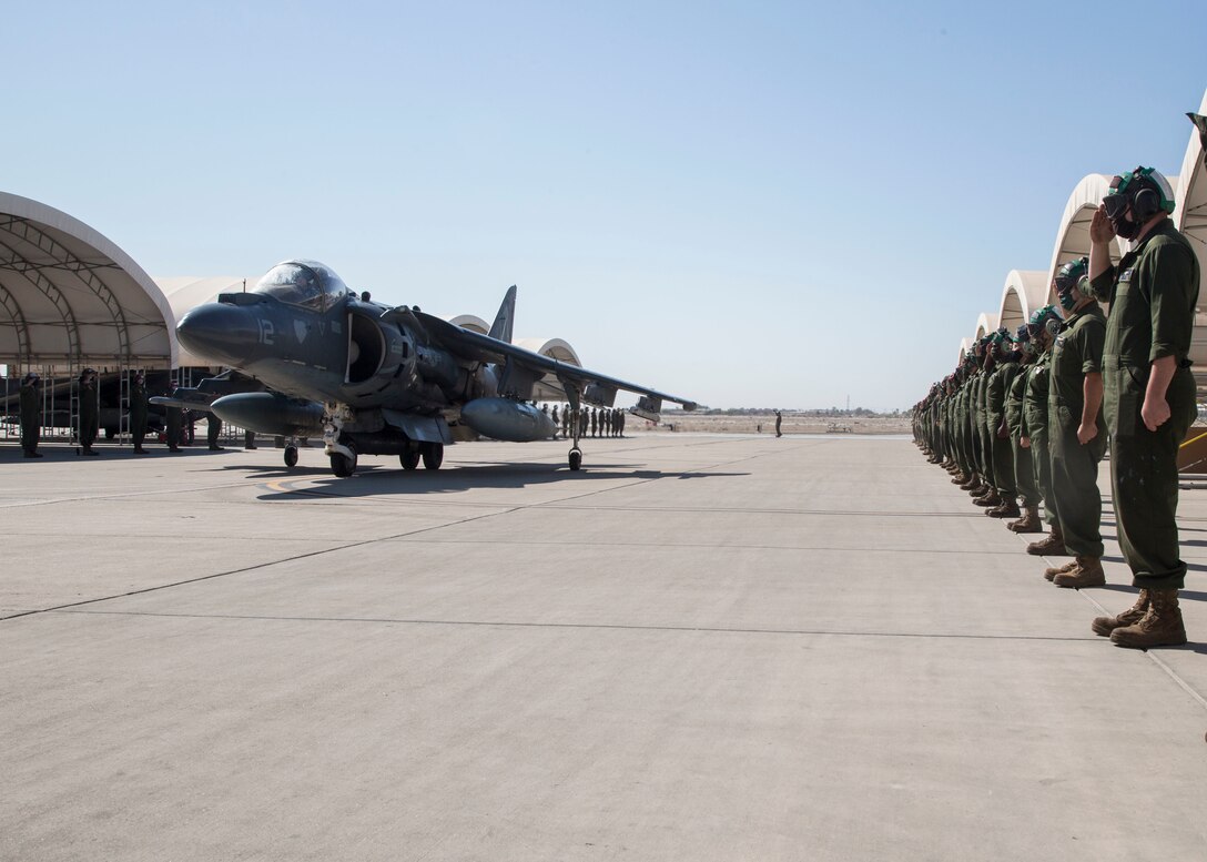 U.S. Marine Corps Lt. Col. Keith Bucklew, commanding officer of Marine Attack Squadron 311, taxis down the flightline in an AV-8B Harrier II assigned to VMA-311, Marine Aircraft Group 13, 3rd Marine Aircraft Wing, during his last flight at Marine Corps Air Station Yuma, Ariz., Oct. 14, 2020.