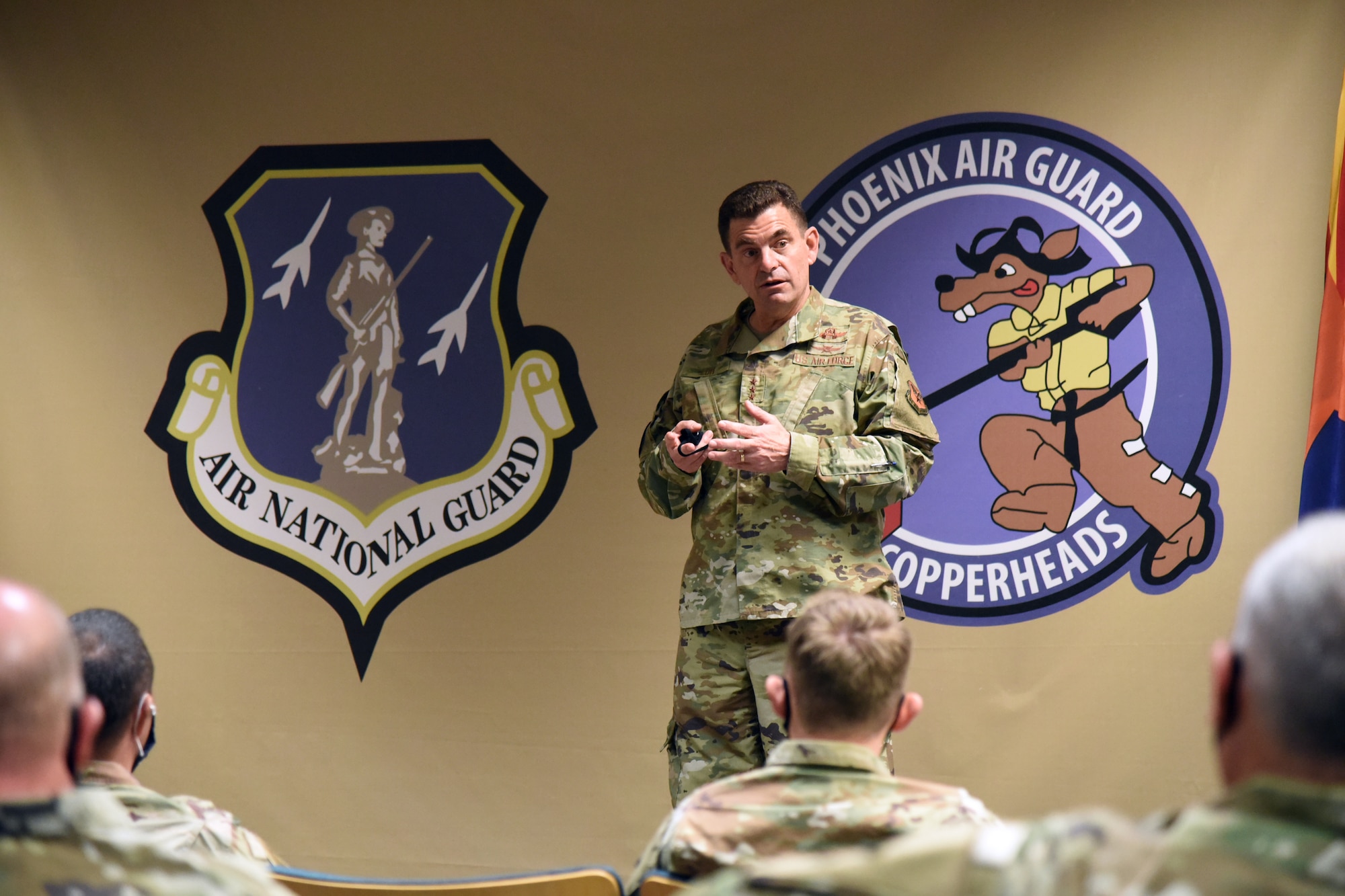U.S. Air Force Lt. Gen. Michael A. Loh, director of the Air National Guard, speaks with Airmen of the 161st Air Refueling Wing, during a visit to Goldwater Air National Guard Base, Phoenix, Oct. 19, 2020. Loh visited with Airmen and base leadership as well as conducting a town hall style Q&A