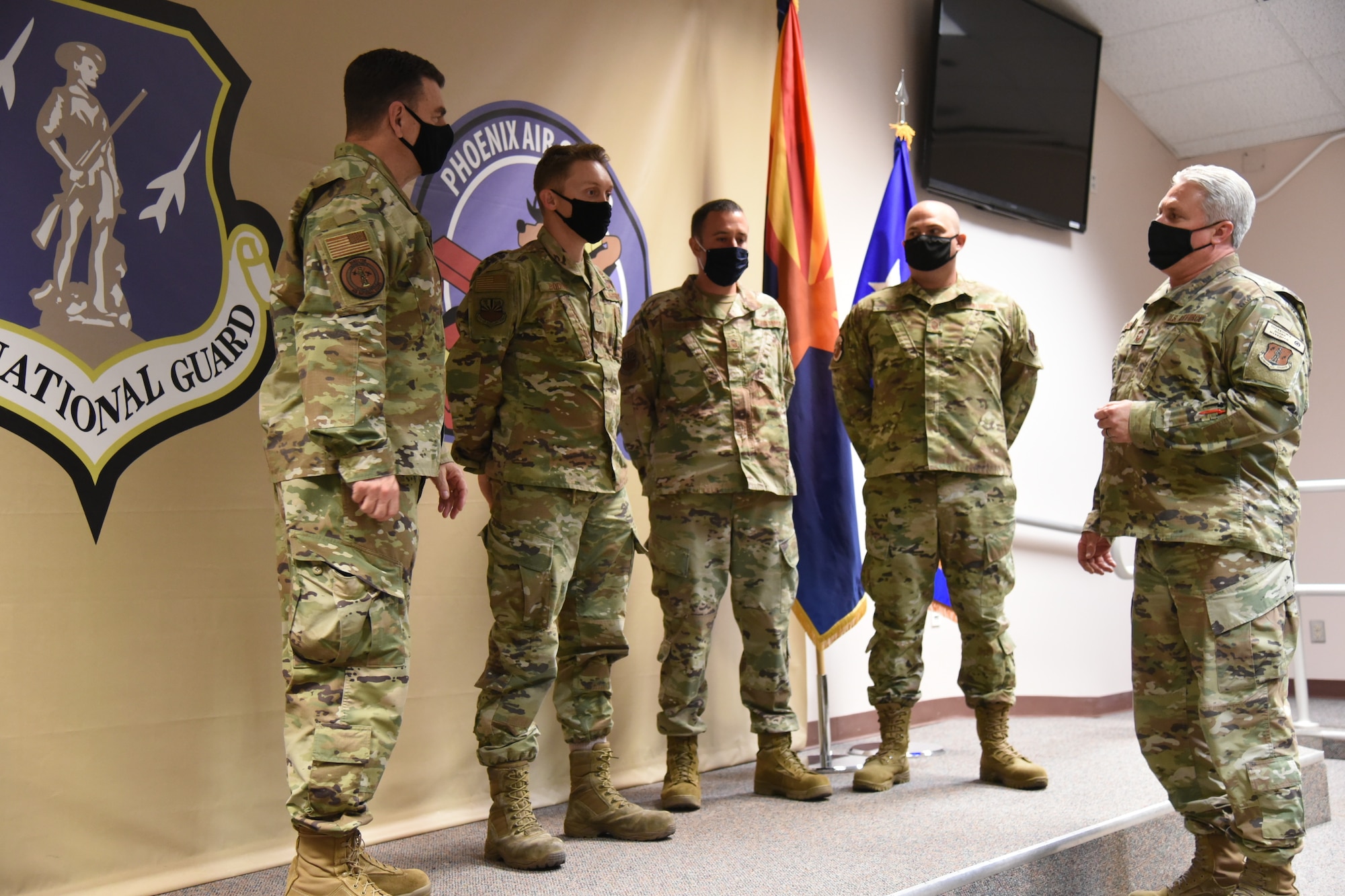 U.S. Air Force Lt. Gen. Michael A. Loh, director of the Air National Guard, recognized exceptional airmen of the161st Maintenance Squadron, during a visit of the 161st Air Refueling Wing Oct. 19, 2020 at Goldwater Air National Guard Base, Phoenix. Loh visited with Airmen and base leadership as well as conducting a town hall style Q&A.