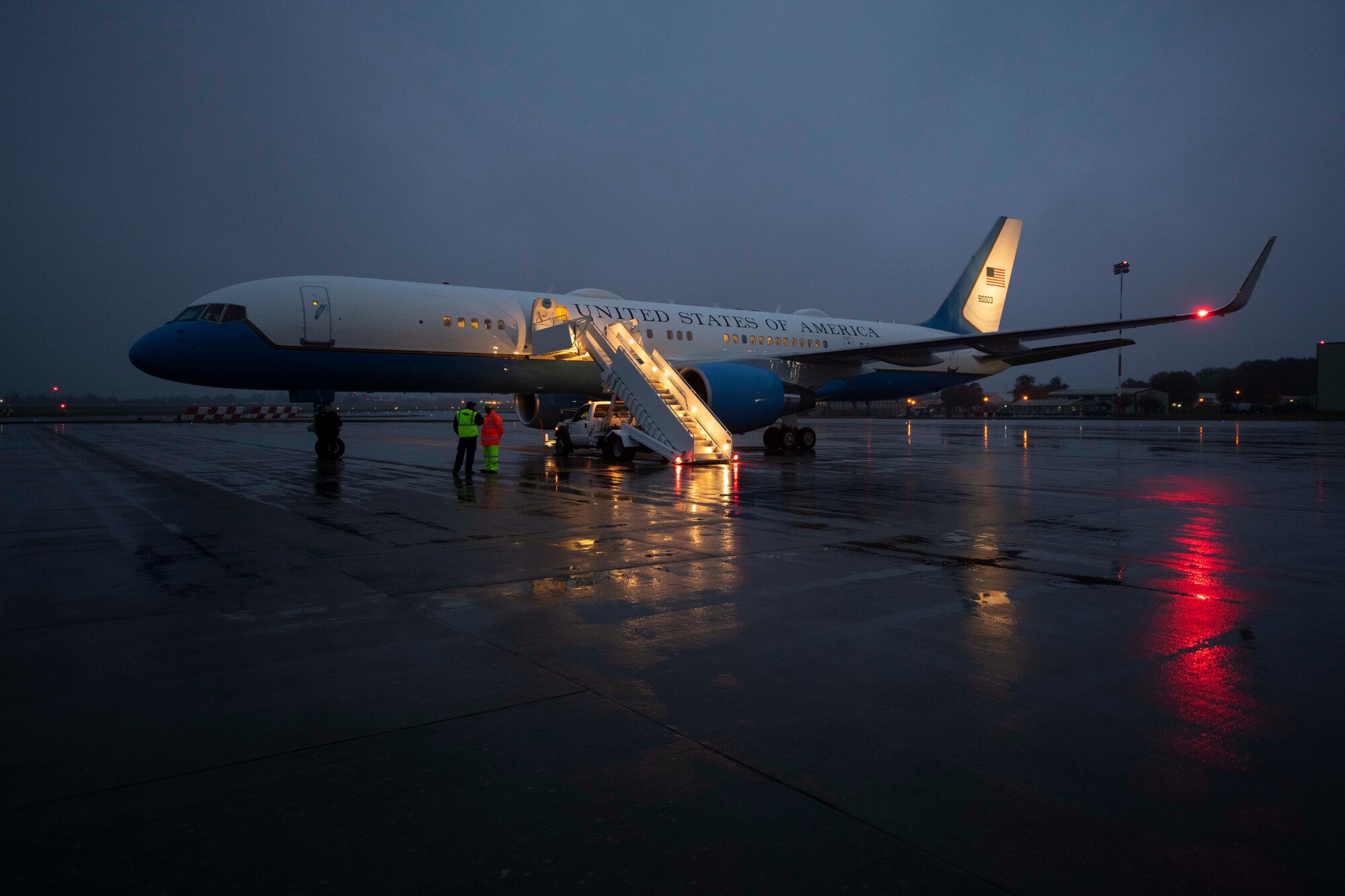 Deputy Secretary of Defense David L. Norquist prepares to depart RAF Fairford, England, Oct. 12, 2020. The visit highlighted the strategic importance of RAF Fairford, oriented him to the bomber and ISR missions in support of U.S. European Command and national defense strategy, and gave him the opportunity to engage with Airmen. (U.S. Air Force photo by Senior Airman Jennifer Zima)