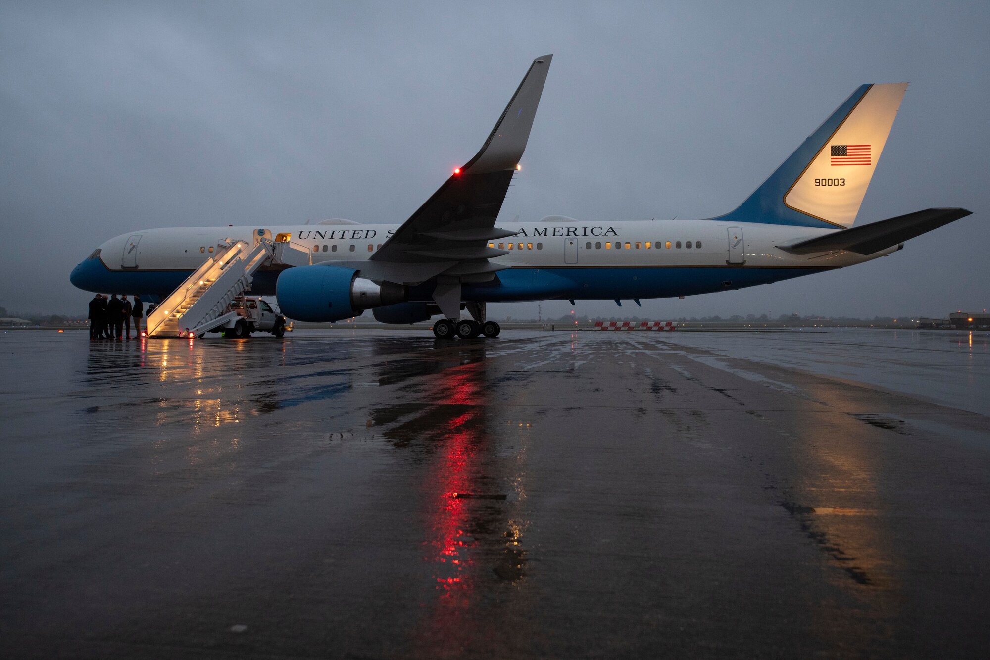 Deputy Secretary of Defense David L. Norquist prepares to depart RAF Fairford, England, Oct. 12, 2020. The visit highlighted the strategic importance of RAF Fairford, oriented him to the bomber and ISR missions in support of U.S. European Command and national defense strategy, and gave him the opportunity to engage with Airmen. (U.S. Air Force photo by Senior Airman Jennifer Zima)