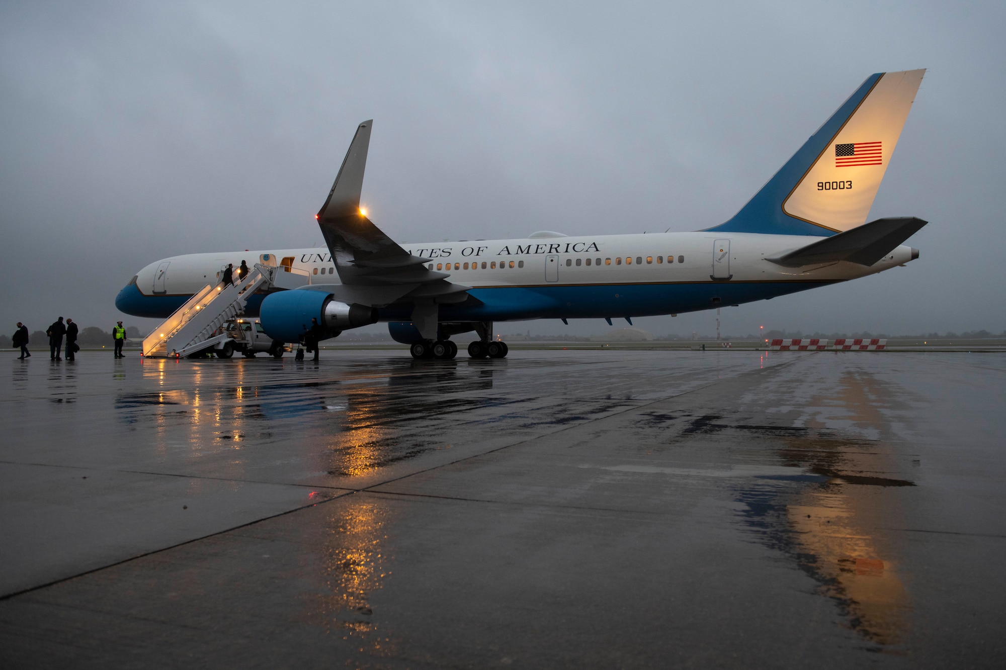 Deputy Secretary of Defense David L. Norquist prepares to depart RAF Fairford, England, Oct. 12, 2020. The visit highlighted the strategic importance of RAF Fairford, oriented him to the bomber and ISR missions in support of U.S. European Command and national defense strategy, and gave him the opportunity to engage with Airmen. (U.S. Air Force photo by Senior Airman Jennifer Zima)