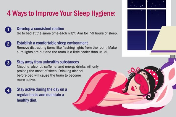 Four ways to improve sleep hygiene: establish a routine, going to bed at the same time every night. Establish a comfortable sleep environment without distracting items like flashing lights. Stay away from unhealthy substances like nicotine, alcohol, caffeine and energy drinks. Stay active during the day on a regular basis and maintain a healthy diet.