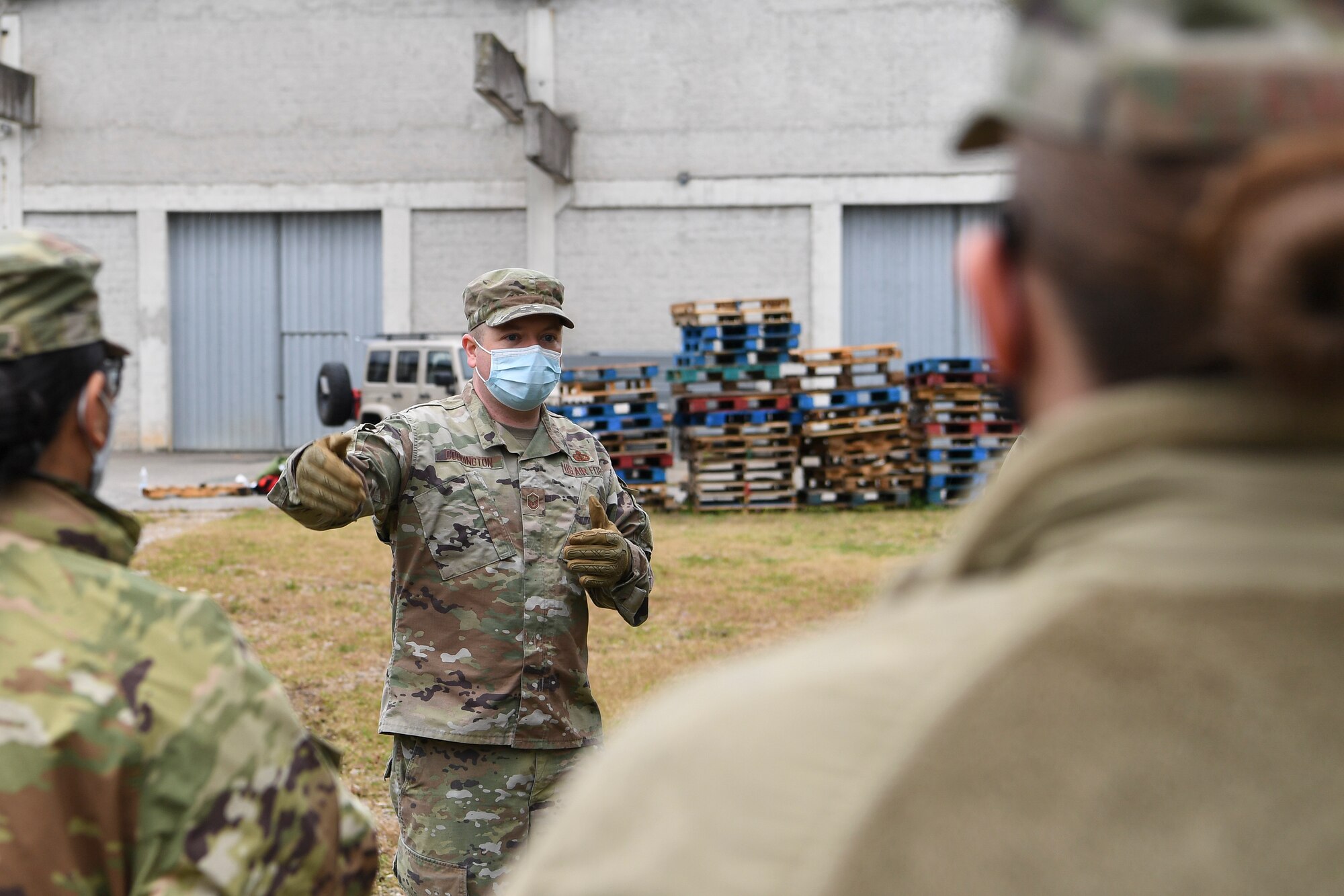 U.S. Air Force Master Sgt. Brad Coddington, 31st Force Support Squadron food service superintendent, briefs during search and recovery training at Aviano Air Base, Italy, Oct. 15, 2020. Search and recovery teams are 11-member teams ready to respond to any aircraft mishap at a moment’s notice, and require hands-on training annually, in addition to just-in-time training prior to any search and recovery operation. (U.S. Air Force photo by Staff Sgt. Savannah L. Waters)