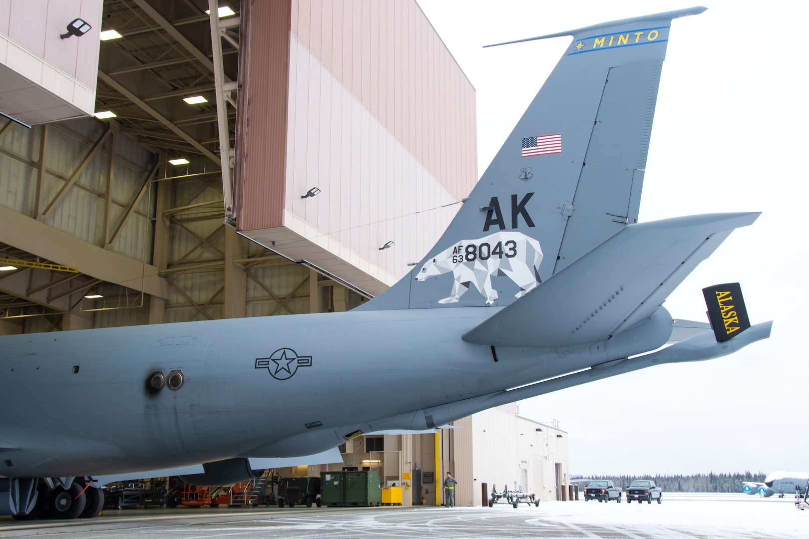 A KC-135 Stratotanker from the Alaska Air National Guard’s 168th Wing was unveiled showcasing a new tail flash on the wing’s aircraft, Oct. 15, 2020. In collaboration with Tanana Chiefs Conference, the 168th Wing honors interior communities on the wing’s aircraft. The first KC-135 honors Minto and is one of nine aircraft representing Alaska interior communities. The next to be unveiled will honor Gwichyaa Zhee, Grayling, Huslia, Tetlin, Telida, and Tanana. Fairbanks and the North Pole will be displayed on the final two aircraft.