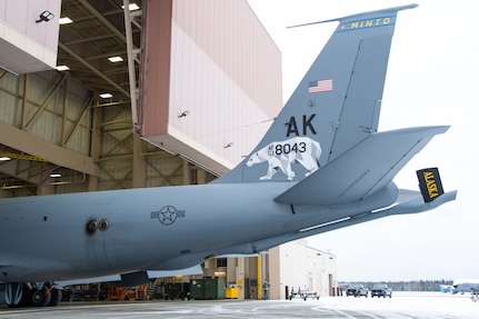 A KC-135 Stratotanker from the Alaska Air National Guard’s 168th Wing was unveiled showcasing a new tail flash on the wing’s aircraft, Oct. 15, 2020. In collaboration with Tanana Chiefs Conference, the 168th Wing honors interior communities on the wing’s aircraft. The first KC-135 honors Minto and is one of nine aircraft representing Alaska interior communities. The next to be unveiled will honor Gwichyaa Zhee, Grayling, Huslia, Tetlin, Telida, and Tanana. Fairbanks and the North Pole will be displayed on the final two aircraft.