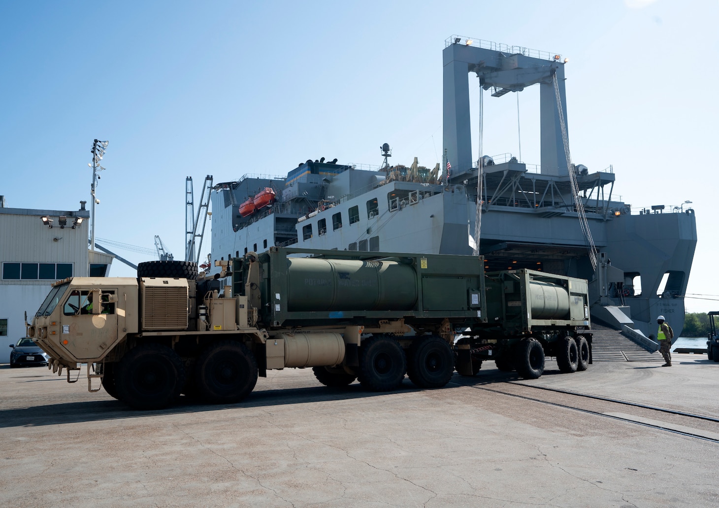 A M105 Load Handling System Compatible Water Tank Rack, (Hippo) leaves the Large, Medium- Speed, Roll-on/Roll-off Fisher ship after a download of cargo during the Joint Readiness Exercise 20, at the Port of Port Arthur, Texas, Sept. 26, 2020.