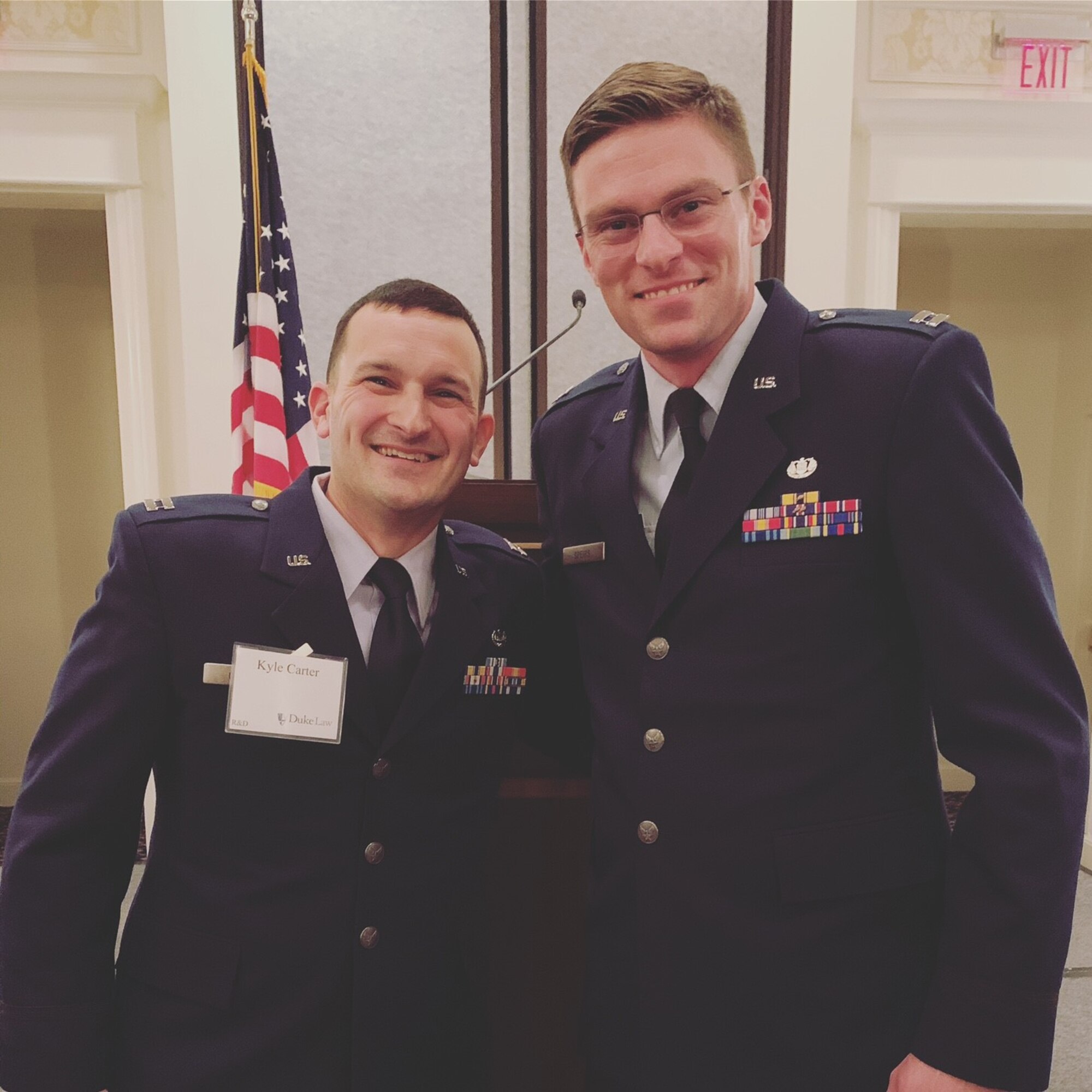 Capt. Kyle Carter and Capt. Greg Speirs, both 621st Contingency Response Wing legal advisors, attend the Duke Law’s Center on Law, Ethics and National Security Conference in Durham, North Carolina, 2020. CRW wing legal advisors serve a unique mission that requires them to always be ready to deploy at a moment’s notice. (Courtesy photo)