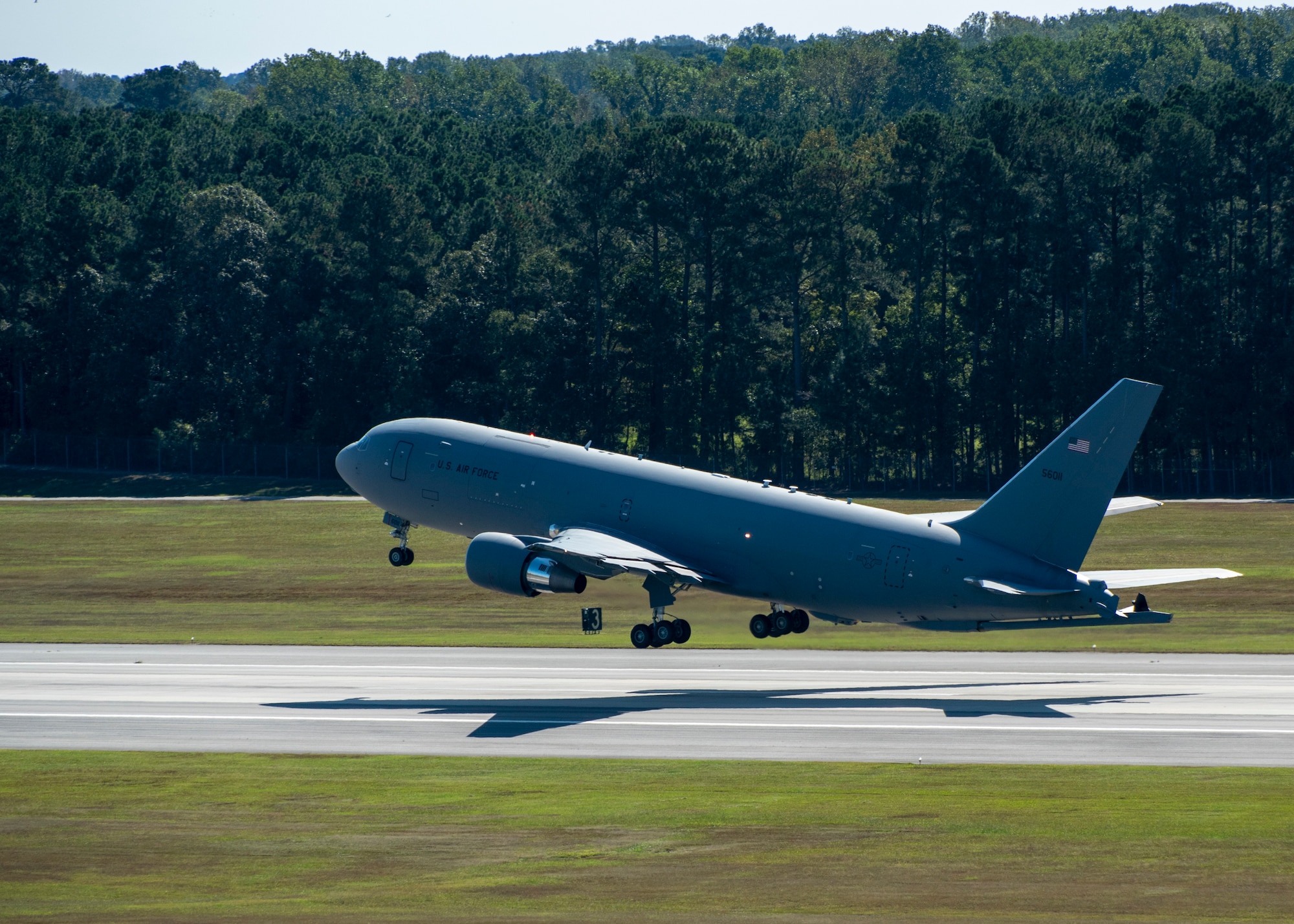 A KC-46A Pegasus from the 916th Air Refueling Wing takes off at Seymour Johnson Air Force Base, North Carolina, Oct. 2, 2020.