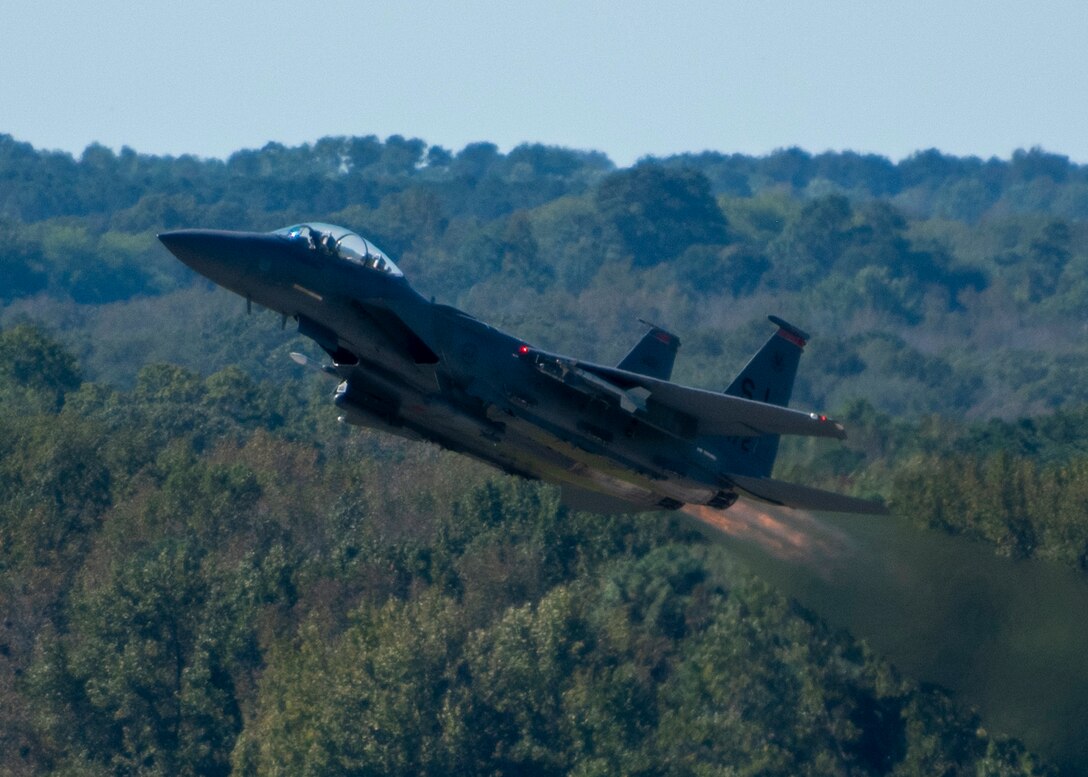 An F-15E Strike Eagle from the 333rd Fighter Squadron takes off at Seymour Johnson Air Force Base, North Carolina, Oct. 2, 2020.