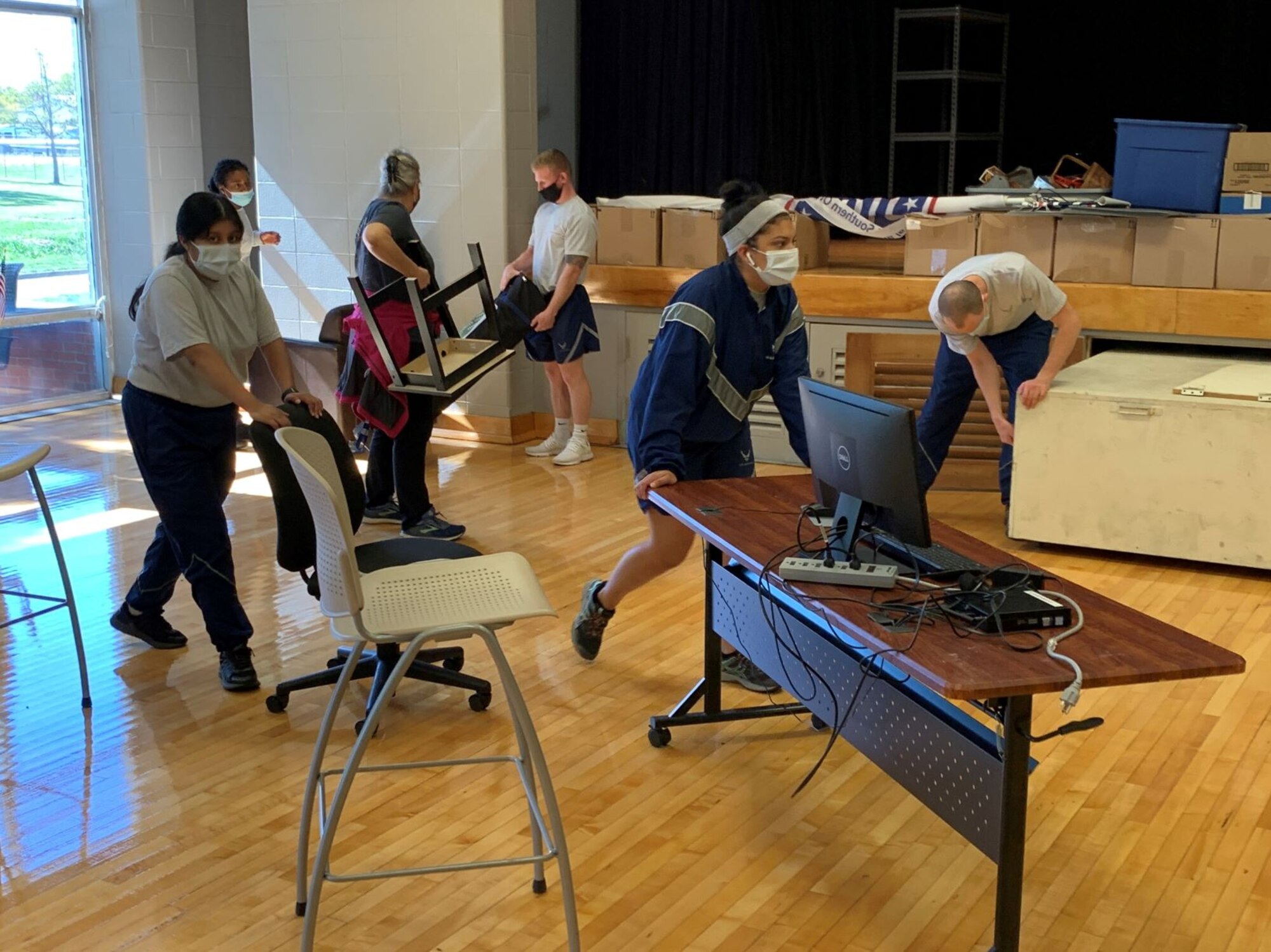 On October 2, six residents of the Wright-Patt dormitories helped the Wright-Patt USO staff consolidate all furniture and supplies in preparation a deep clean of the building.