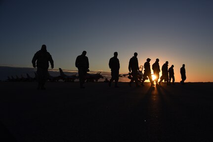 Aircraft maintenance technicians, assigned to the 180th Fighter Wing, Ohio Air National Guard, walk the flightline looking for debris that could damage an aircraft engine at Patrick Air Force Base, Florida, before the day’s training sorties Jan. 29, 2019. The Patrick AFB deployment allowed the 180FW Airmen to train in realistic environments to ensure the highest levels of proficiency and readiness for worldwide deployment.