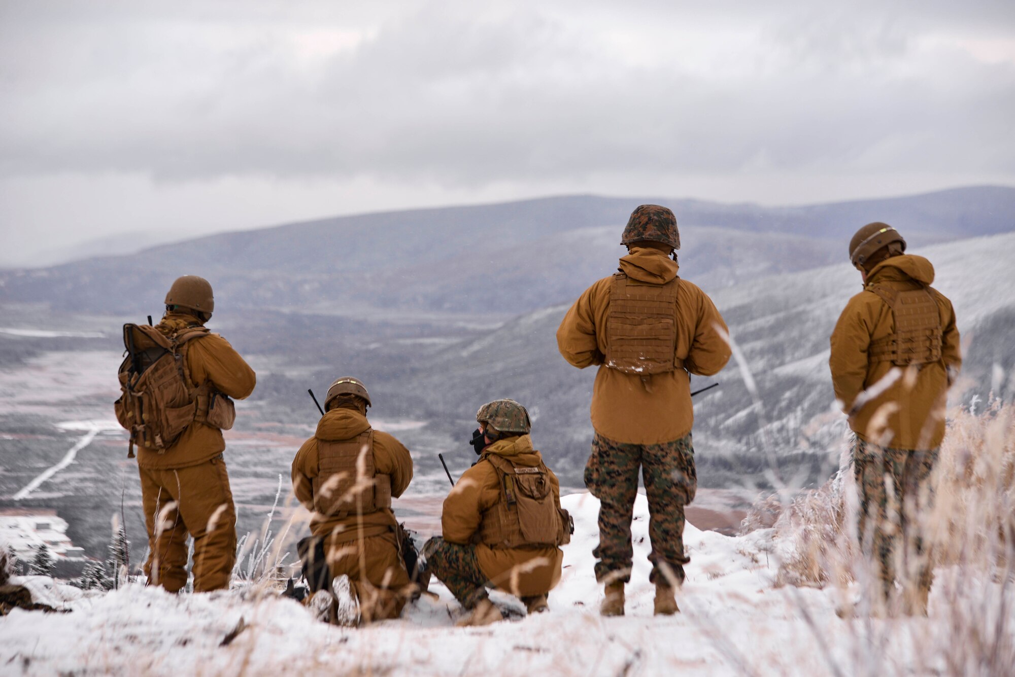 U.S. Marines assigned to the 1st Air Naval Gunfire Liaison Company (ANGLICO) stand by for orders during RED FLAG-Alaska 21-1 in the Joint Pacific Alaska Range Complex, Oct. 15, 2020. The 1st ANGLICO provides direct support to the various joint, allied, coalition and special operations forces working within Marine Corps battlespace. (U.S. Air Force photo by Airman 1st Class Jose Miguel T. Tamondong)