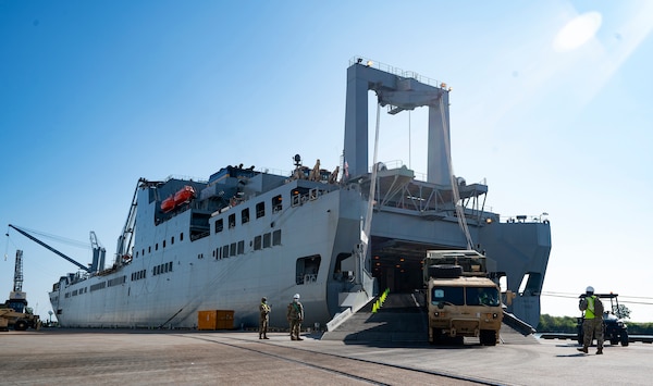 A Modular Fuel System vehicle leaves the Large, Medium- Speed, Roll-on/Roll-off Fisher ship after soldiers offloaded cargo during the Joint Readiness Exercise 20, at the Port of Port Arthur, Texas, Sept. 26, 2020.