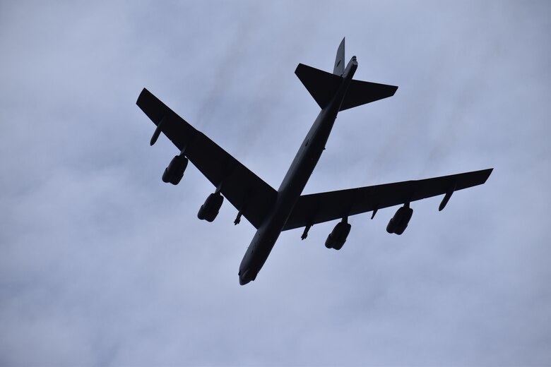 A B-52H Stratofortress flies over the U.S. Air Force Academy, Colo., in honor of retired Lt. Col. Mark Garlow Oct. 17, 2020. (Courtesy Photo by Rollan Yocum)