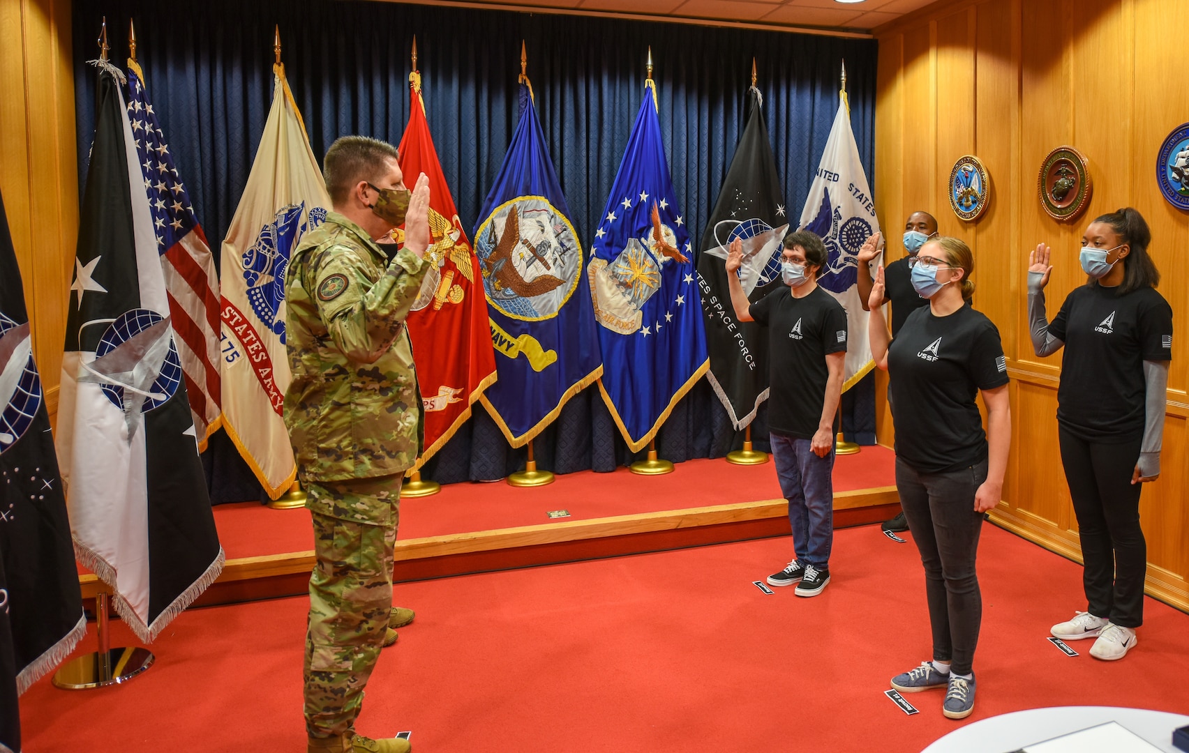 The Vice Chief of Space Operations Gen. David D. “DT” Thompson swore in the first four Space Force recruits at the Baltimore Military Entrance Processing Command station, Fort George G. Meade, Maryland, Oct. 20, 2020. The first four recruits will join others from Colorado, placing them on a direct path to Basic Military Training at Joint Base San Antonio-Lackland and marking another milestone in the new service’s growth and development.