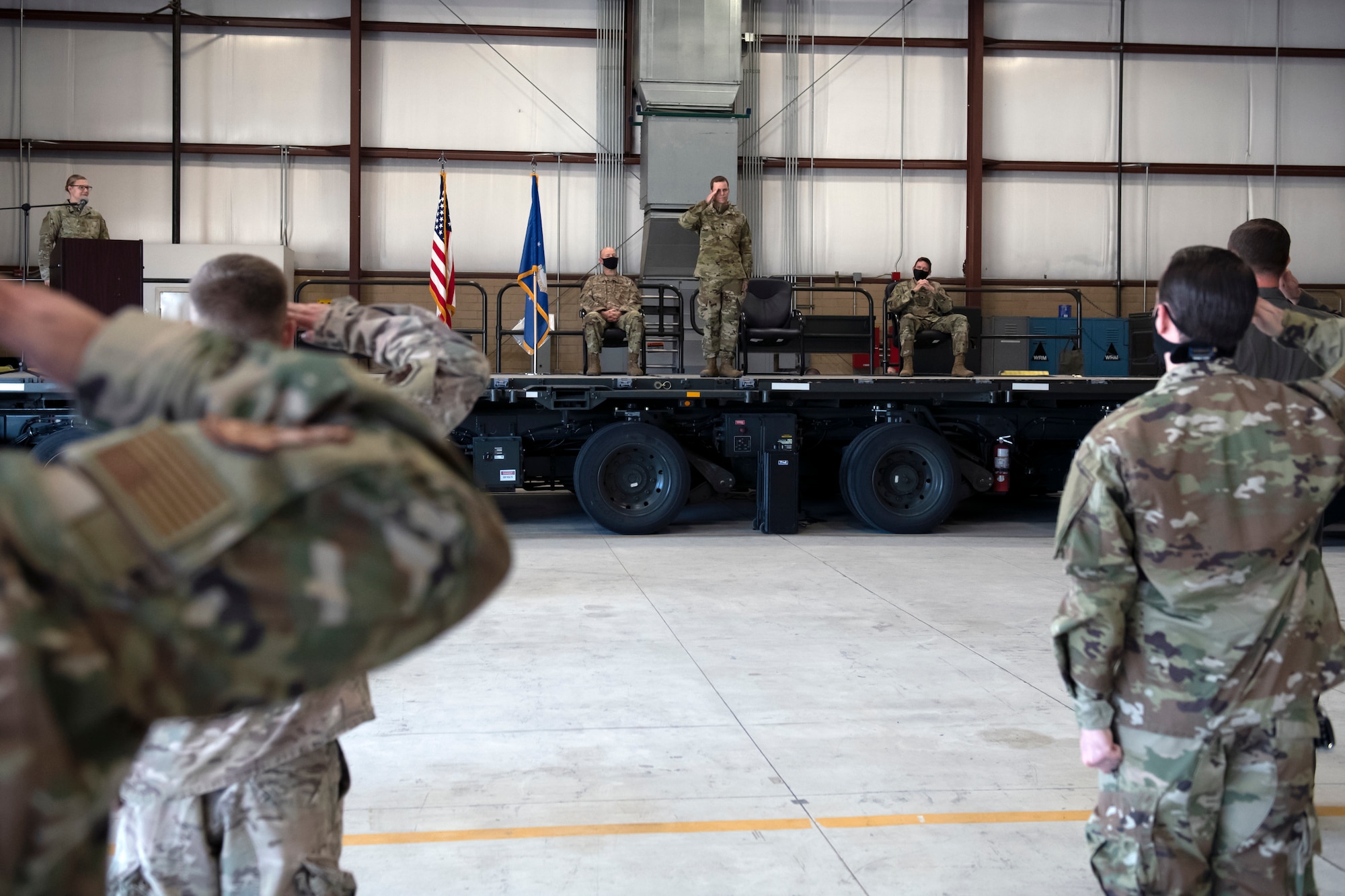 Lt. Col. Jayson Rickard, the new commander of the 419th Operations Support Squadron, renders his first salute to the OSS during a change of command ceremony Oct. 18, 2020, at Hill Air Force Base, Utah.