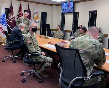 Maj. Gen. Dennis LeMaster, U.S. Army Medical Center of Excellence commander, briefed Lt. Gen. James Rain, the U.S. Army Combined Arms Center commanding general and Fort Leavenworth commander, during a virtual battlefield circulation visit Oct. 19, along with other key MEDCoE leaders to include J.M. Harmon III, deputy to the commanding general; Col. Laura Elliott, chief of staff; Col. Skip Gill, deputy commandant; and Col. Caryn Vernon, MEDCoE G3.