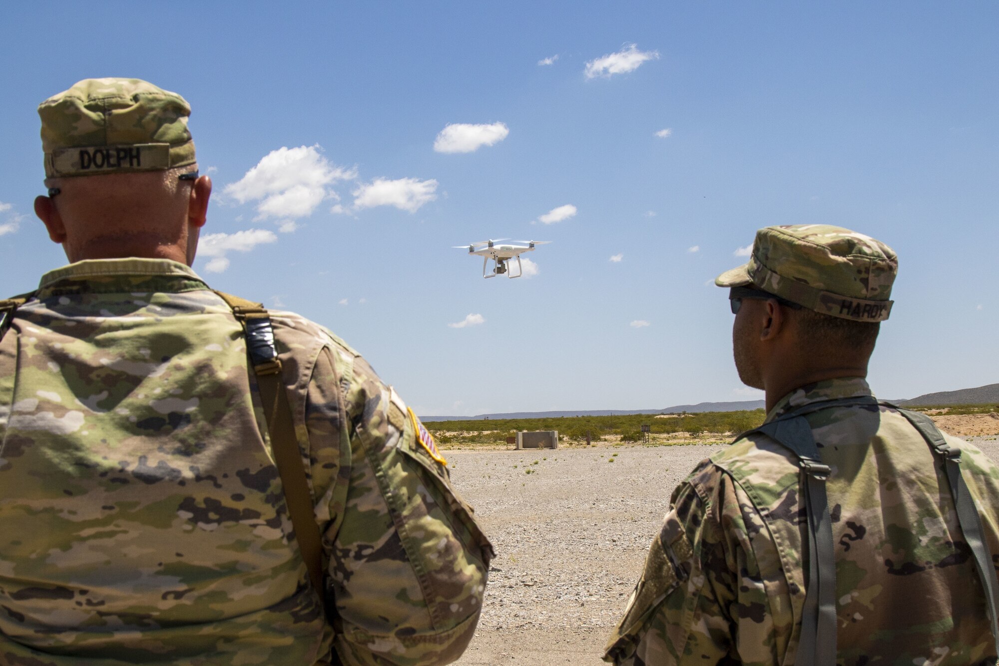 Soldiers from the 5th Armored Brigade, First Army Division West, test the capabilities of commercial, off-the-shelf unmanned aerial surveillance vehicles at McGregor Range Complex, N.M., in June 2019. To discuss emerging threats posed by small UAS, military and industry leaders in anti-drone technology came together for “Defending and Defeating,” a C-sUAS symposium co-hosted by the Force Protection Division, Hanscom Air Force Base, Mass., and the Paul Revere Chapter of the Air Force Association. (U.S. Army Photo by Staff Sgt. Timothy Gray)