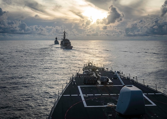 The U.S., JMSDF, and Royal Australian Navy participate in trilateral exercises in the South China Sea.