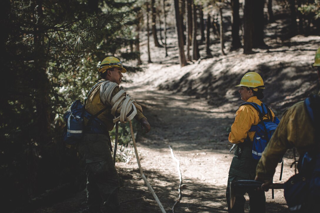 U.S. Marine Corps Brig. Gen. Bobbie Shea, commanding general 1st Marine Logistics Group, and her staff visited U.S. Marines and Sailors assigned to 7th Engineer Support Battalion, 1st Marine Logistics Group, who are conducting wildland firefighting efforts near the Shasta-Trinity National Forest, Oct. 17, 2020. Approximately 250 Marines from 7th ESB are helping at the August Complex in Northern California.