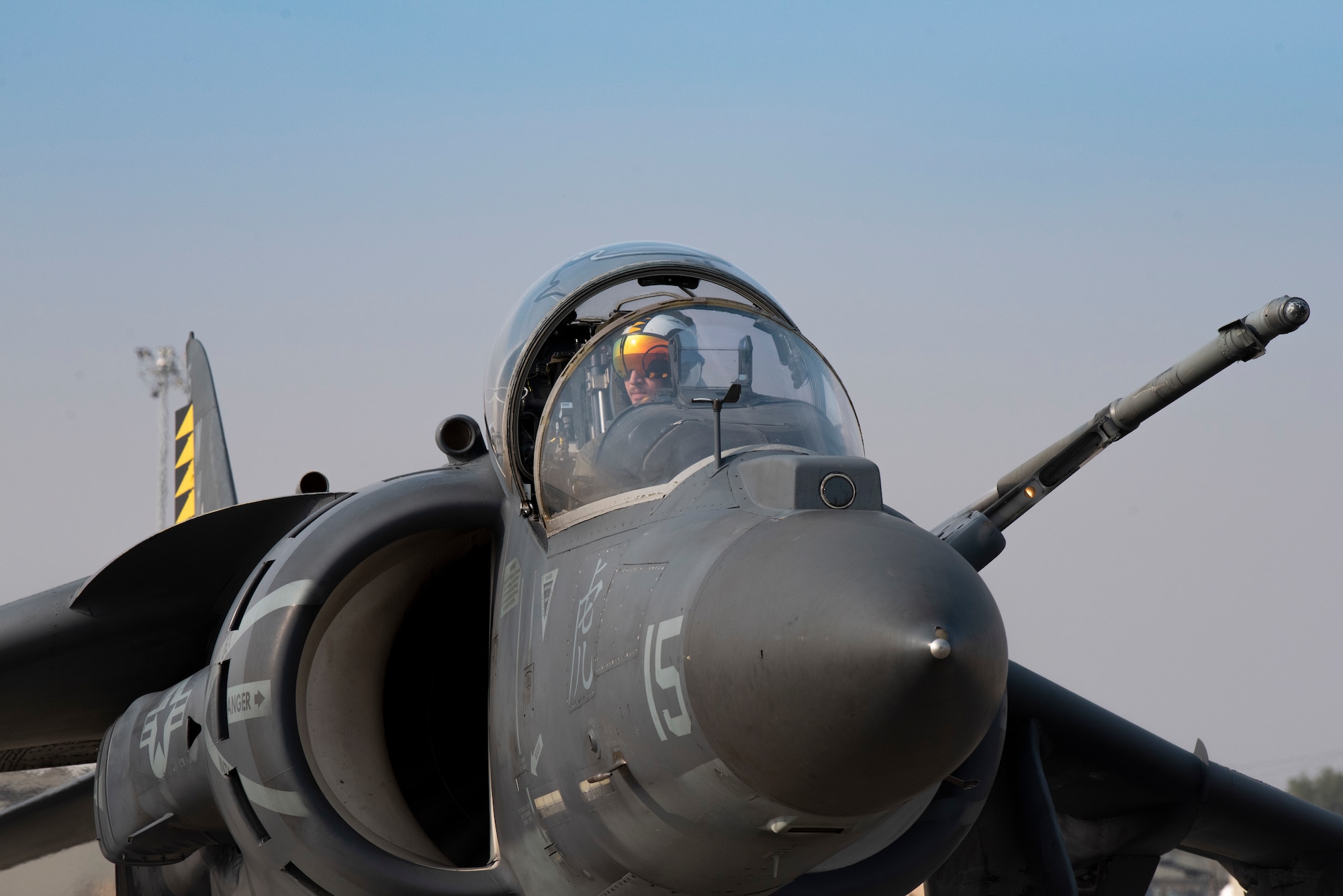 An AV-8B II Harrier with Marine Attack Squadron 542, taxis to the refueling pit, at Mountain Home Air Force Base, Idaho, Oct. 8, 2020. VMA 542 and Marine Wing Support Squadron 271 worked closely with 366th Logistics Readiness Squadron fuels flight and provided aviation fuel, heavy equipment and utilities support for exercise Mountain Tiger. (U.S Air Force photo by Airman 1st Class Natalie Rubenak)