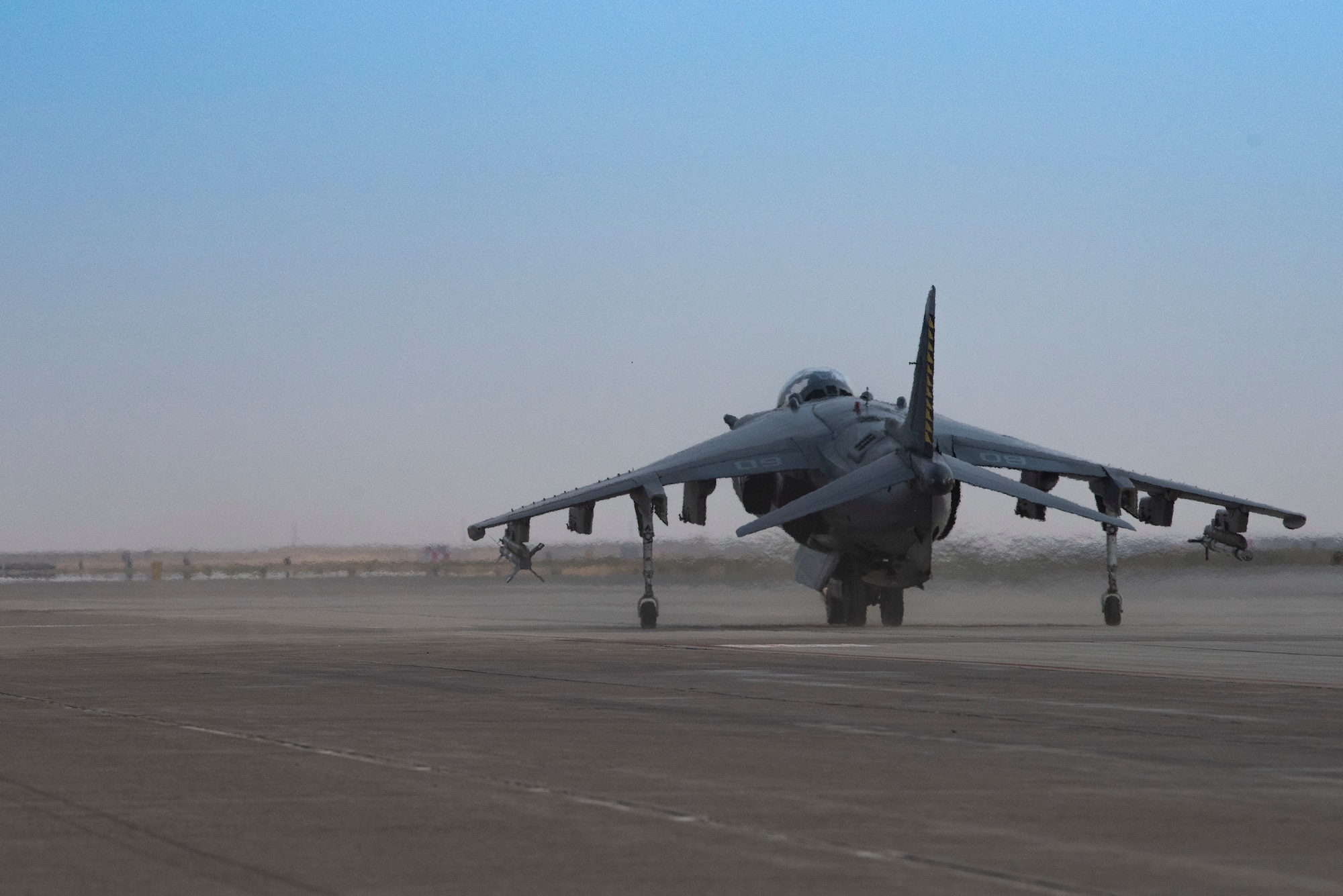 An AV-8B II Harrier from the Marine Attack Squadron 542, taxis down the flightline for exercise Mountain Tiger, at Mountain Home Air Force Base, Idaho, Oct. 8, 2020. VMA 542 and Marine Wing Support Squadron 271 worked closely with 366th Logistics Readiness Squadron fuels flight and provided aviation fuel, heavy equipment and utilities support for exercise Mountain Tiger. (U.S Air Force photo by Airman 1st Class Natalie Rubenak)