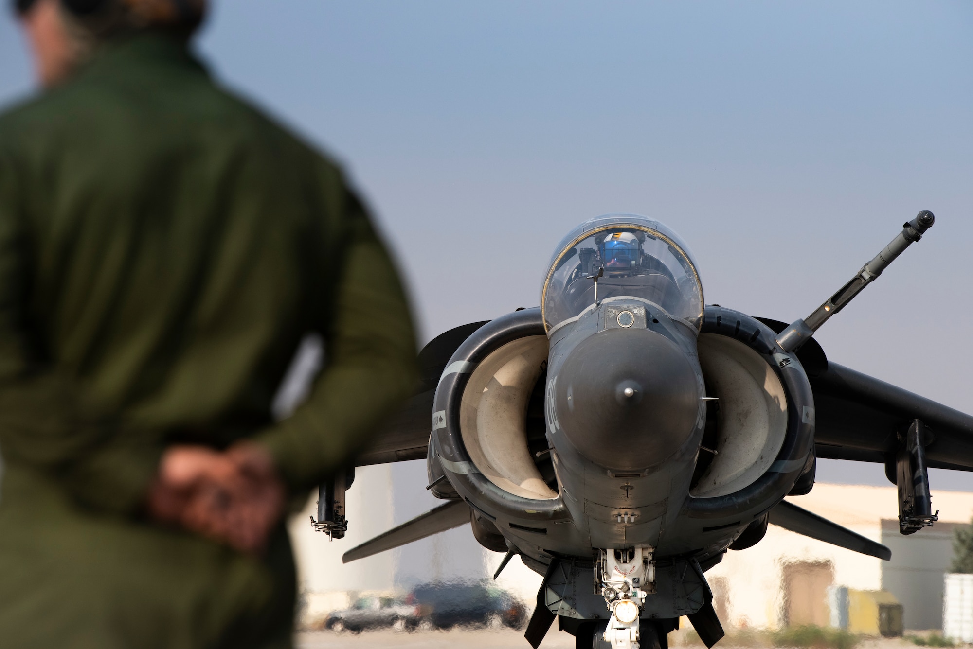 An AV-8B II Harrier taxis onto the flightline, at Mountain Home Air Force Base, Idaho, Oct. 8, 2020. Marine Attack Squadron 542 and Marine Wing Support Squadron 271 worked closely with 366th Logistics Readiness Squadron fuels flight and provided aviation fuel, heavy equipment and utilities support for exercise Mountain Tiger. (U.S Air Force photo by Airman 1st Class Natalie Rubenak)