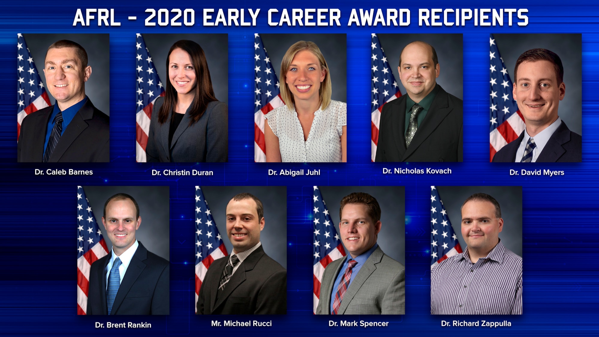 The winners of the 2020 Air Force Research Laboratory Early Career Awards are Dr. Caleb Barnes, Dr. Christin Duran, Dr. Abigail Juhl, Dr. Nicholas Kovach, Dr. David Myers, Dr. Brent Rankin, Mr. Michael Rucci, Dr. Mark Spencer and Dr. Richard Zappulla. (U.S. Air Force Photo Illustration/Patrick Londergan)