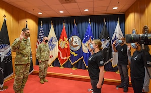 The Vice Chief of Space Operations Gen. David D. “DT” Thompson swore in the first four Space Force recruits at the Baltimore Military Entrance Processing Station, Fort George Meade, Md., October 20, 2020. The first four recruits will join three others from Colorado, placing them on a direct path to Basic Military Training and marking another milestone in the new service’s growth and development. (U.S. Space Force photo by Tech. Sgt. Armando Schwier-Morales)