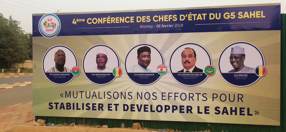 A billboard in Niamey (Niger) announcing a summit of Heads of State of the G5-Sahel in February 2018. (NigerTZai - Own work)