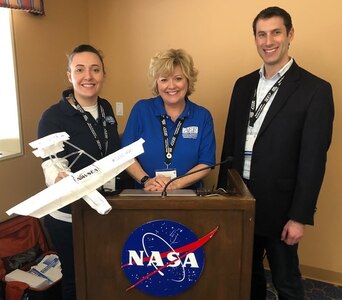 Charlotte George (left), STEM and Outreach Program Director from Naval Surface Warfare Center, Carderock Division; Debbie Reynolds, Carderock’s Albert Einstein Distinguished Educator Fellow for 2019-20; and Eric Silberg, an aerospace engineer.