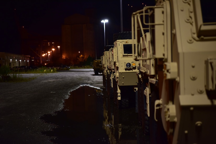 Army vehicles are parked and organized by soldiers and civilians assigned to the 841st Transportation Battalion, at Joint Base Charleston’s Naval Weapons Station, S.C., Oct. 14, 2020. The 841st TB is an active duty, U.S. Army Surface Deployment and Distribution Command (SDDC) unit tasked with the execution of Task Force Deployment Operations.