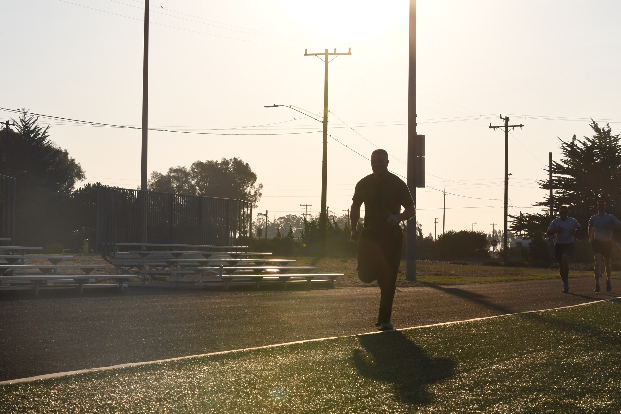 Master Gunnery Sgt. Scott H. Stalker, U.S. Space Command senior enlisted leader, attends a group fitness session with members assigned to the Combined Forces Space Component Command Oct. 15, 2020, at Vandenberg Air Force Base, Calif. Stalker participated in multiple exercises that supports sustaining ready warfighters. (U.S. Space Force photo by Staff Sergeant Latonya Kim)