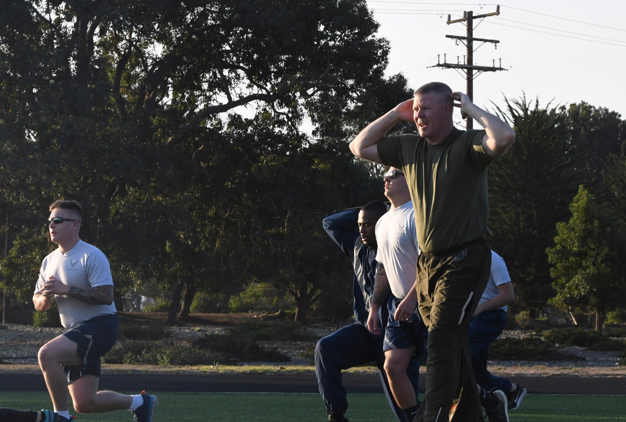 Master Gunnery Sgt. Scott H. Stalker, U.S. Space Command senior enlisted leader, attends a group fitness session with members assigned to the Combined Forces Space Component Command Oct. 15, 2020, at Vandenberg Air Force Base, Calif. Stalker participated in multiple exercises that supports sustaining ready warfighters. (U.S. Space Force photo by Staff Sergeant Latonya Kim)