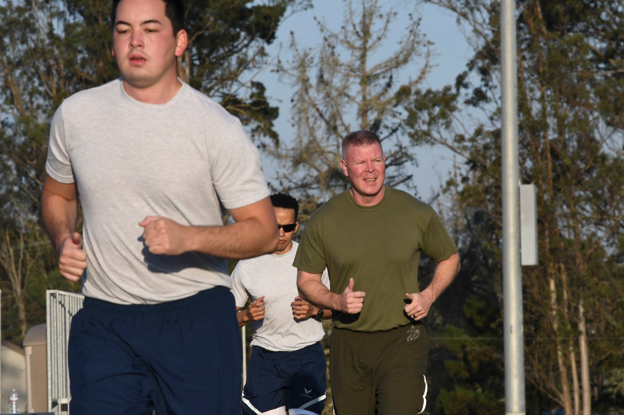Master Gunnery Sgt. Scott H. Stalker, U.S. Space Command senior enlisted leader, attends a group fitness session with members assigned to the Combined Forces Space Component Command Oct. 15, 2020, at Vandenberg Air Force Base, Calif. Stalker participated in multiple exercises that supports sustaining ready warfighters. (U.S. Space Force photo by Staff Sergeant Latonya Kim)