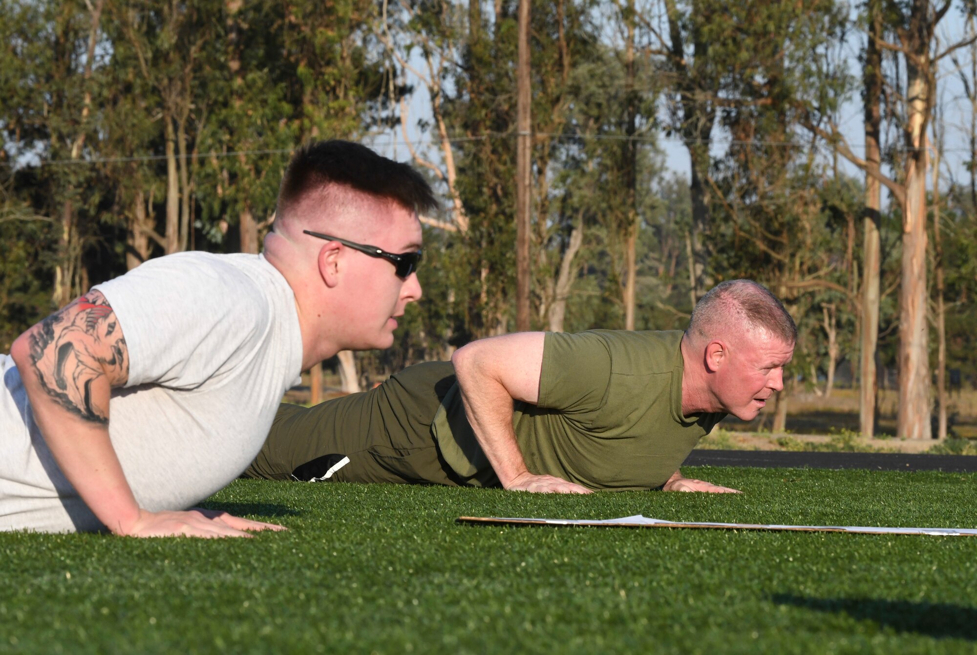 Master Gunnery Sgt. Scott H. Stalker, U.S. Space Command senior enlisted leader, attends a group fitness session with members assigned to the Combined Forces Space Component Command Oct. 15, 2020, at Vandenberg Air Force Base, Calif. Stalker participated in multiple exercises that supports sustaining ready warfighters. (U.S. Space Force photo by Staff Sergeant Latonya Kim)