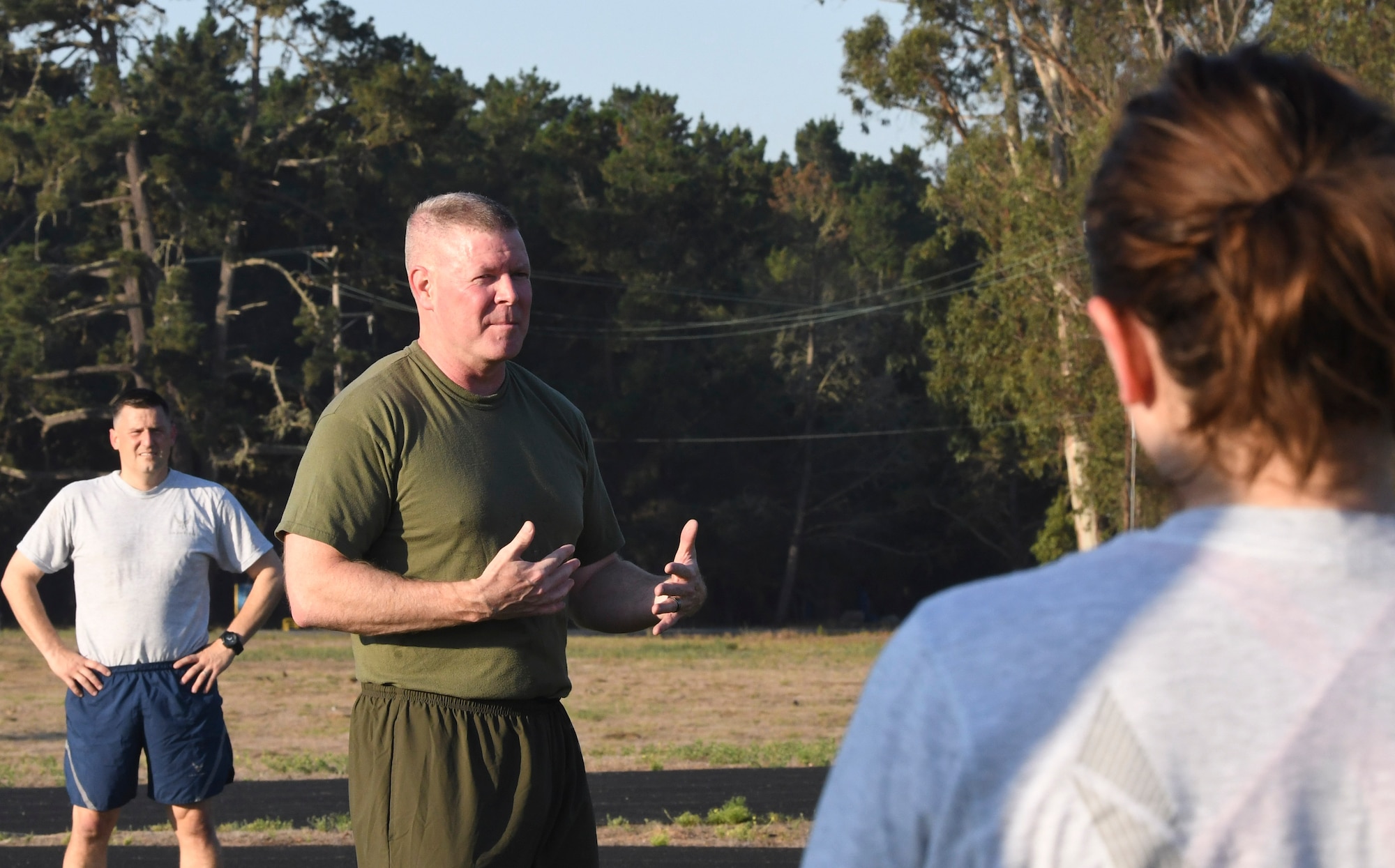 Master Gunnery Sgt. Scott H. Stalker, U.S. Space Command senior enlisted leader, attends a group fitness session with members assigned to the Combined Forces Space Component Command Oct. 15, 2020, at Vandenberg Air Force Base, Calif. Stalker participated in multiple exercises that supports sustaining ready warfighters. (U.S. Space Force photo by Staff Sergeant Latonya Kim)