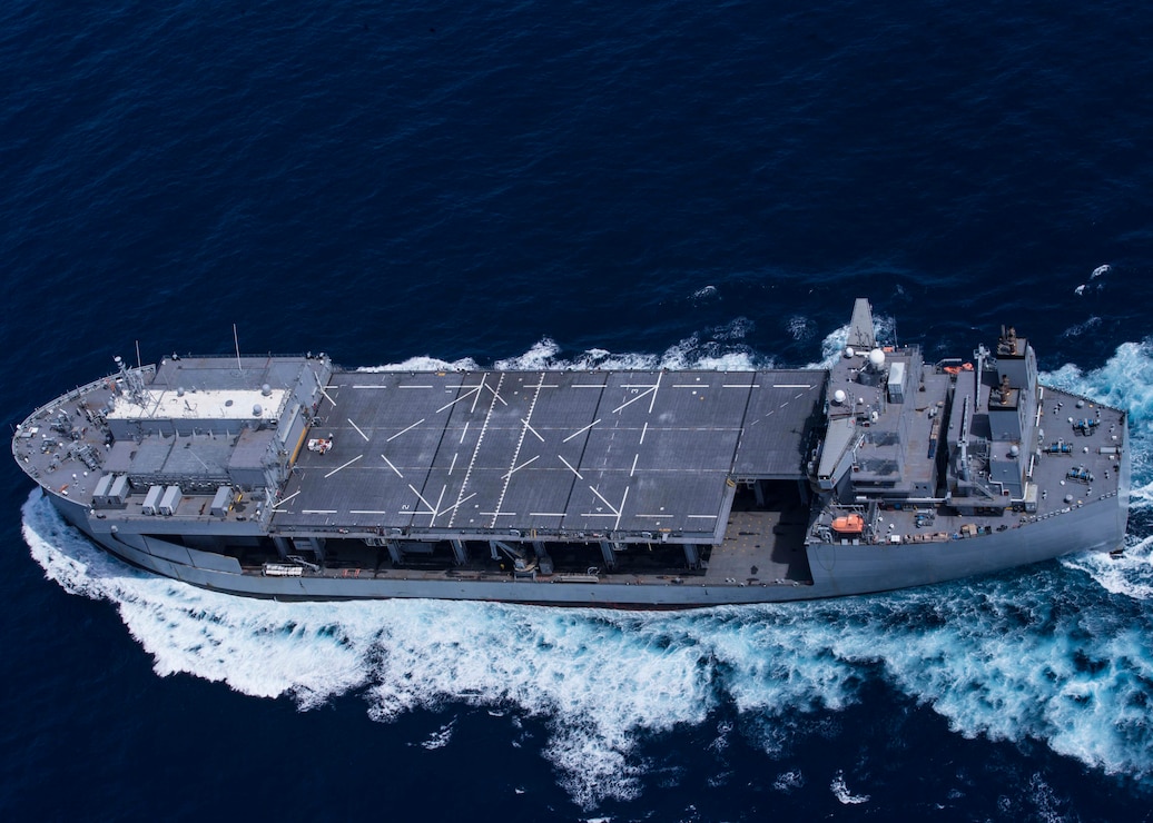 The Expeditionary Sea Base USS Hershel “Woody” Williams (ESB 4) sails in the Atlantic Ocean, Oct. 17, 2020.