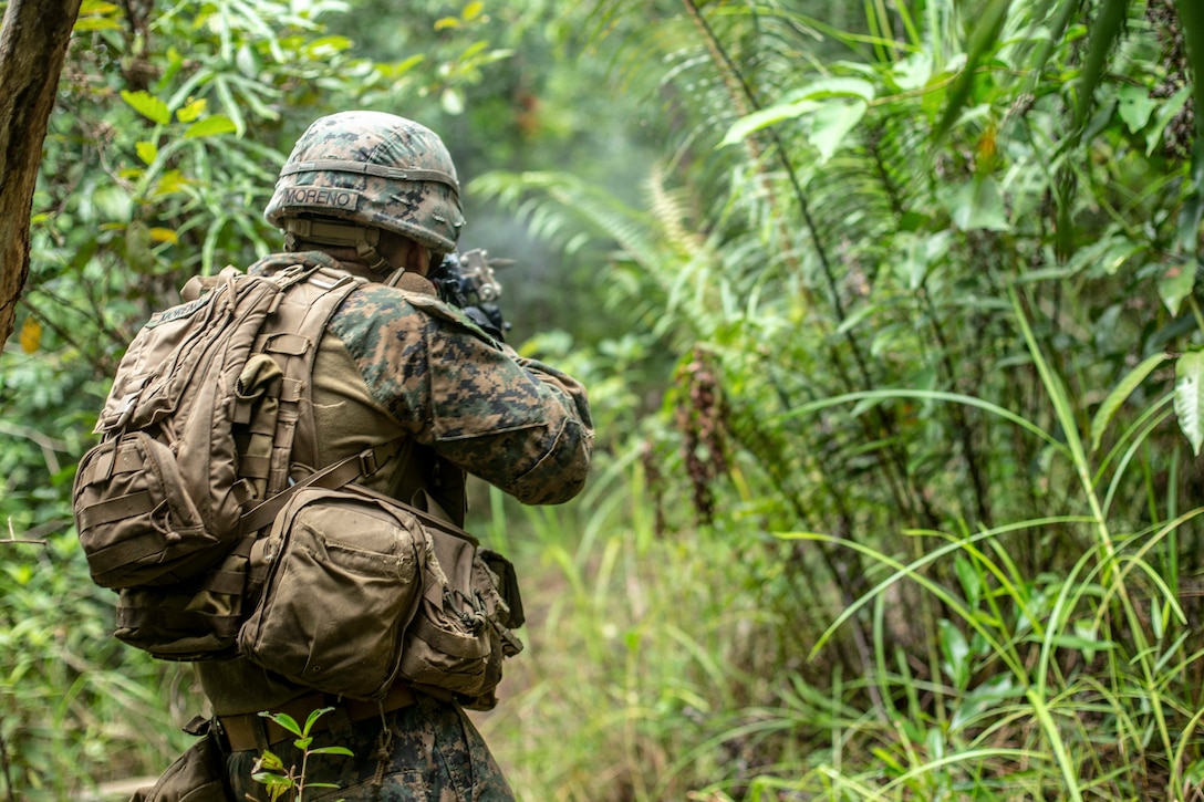 A U.S. Marine with Lima Company, Battalion Landing Team 3/5, 11th Marine Expeditionary Unit, fires an M4A1 Carbine during a live-fire event in Malaysia. Malaysian Armed Forces were joined by U.S. Marines and Sailors for exercise Tiger Strike 2019 where both forces participated in jungle survival, amphibious assault, aerial raids, and combat service support training and cultural exchanges (U.S. Marine Corps photo by Cpl. Dalton S. Swanbeck)