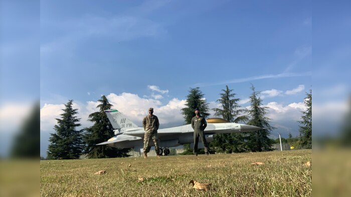 Pictured from left are Lt Col Charles Toth and Lt Col Corydon Jerch at Aviano Air Base in Italy. Photo courtesy of Lt Cols Toth and Jerch.
